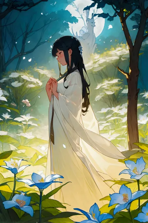 In a serene, moonlit garden, a young woman stands surrounded by blooming flowers, their petals glistening with dew. The soft glow of the moon casts delicate shadows, highlighting her graceful form. a girl naked is at peace, embracing her natural beauty and...