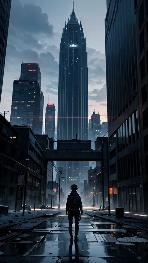  is visible, a person taking a self in the middle of a large abandoned city in a post-apocalyptic world, But people are completely dark and only their silhouette 