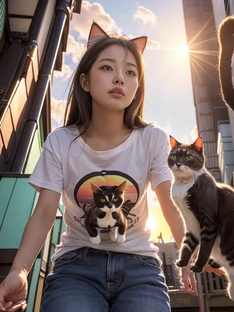 4K.HD. (Masterpiece, Best Quality, ) ,bokeh, a girl, Light brown beautiful hair, Light brown eyes, Plump breast, Blushed face, (cat ear:1.2), colourful t-shirt,  (Japanese idle:1.6), holding a pretty cat,   Looking at the viewer, (background is sunset wall...