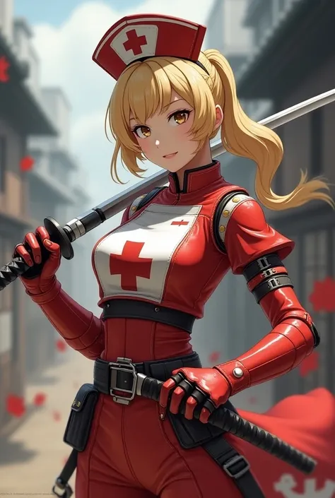 A blonde android nurse in a red and white battle nurse outfit and hat wielding a katana