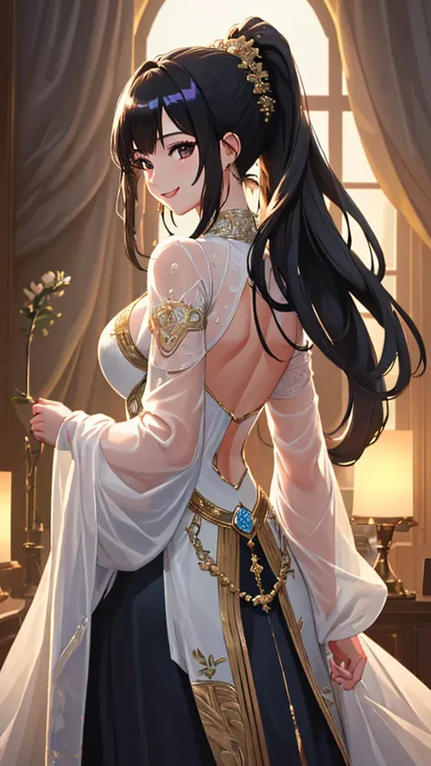 (High resolution, accurate, Best Quality, Anatomically correct, masterpiece), (very wide shot), 1 girl, Slender body, Intricate details, Highly detailed fingers, Black hair ponytail, White elegant dress, shiny glossy iridescent clothes, smile, happiness, w...