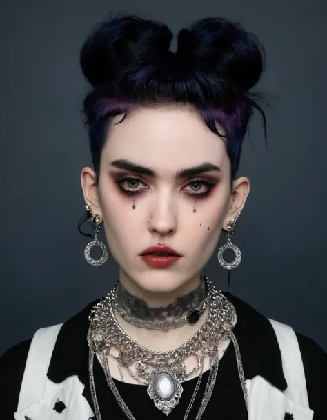  there is a woman with a necklace and a necklace around her neck , colar de piercings, 1 girl gothic,  it looks like a mix of grimes , calibrated ears, looks like a mix of grimes, looks like a mix of grimes, huge earrings and queer makeup, Reminiscent of a...