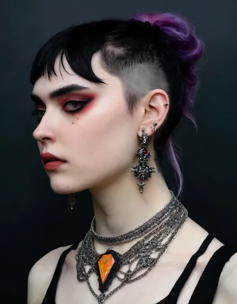  there is a woman with a necklace and a necklace around her neck , colar de piercings, 1 girl gothic,  it looks like a mix of grimes , calibrated ears, looks like a mix of grimes, looks like a mix of grimes, huge earrings and queer makeup, Reminiscent of a...