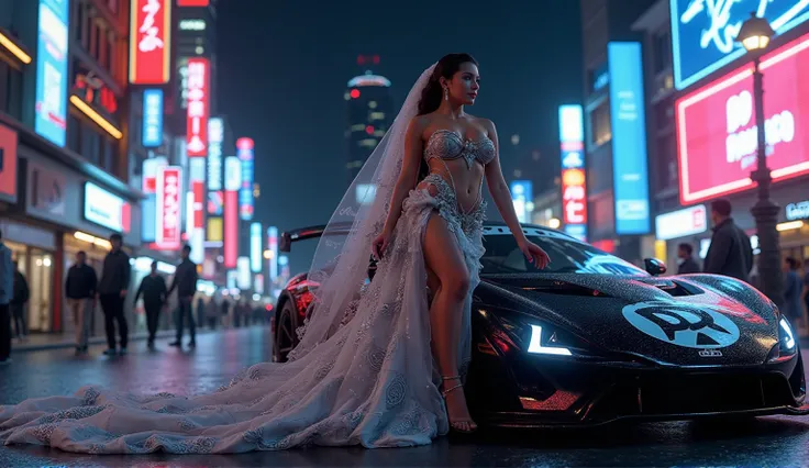 A cyberpunk bride is standing in a cyberpunk city wearing a futuristic outfit adorned in neon and in rich and intricate detailed filigree jewellery, posing, leaning on a sci-fi cyberpunk sports car with the lettering" DD Powered", at night. ultra detailed ...