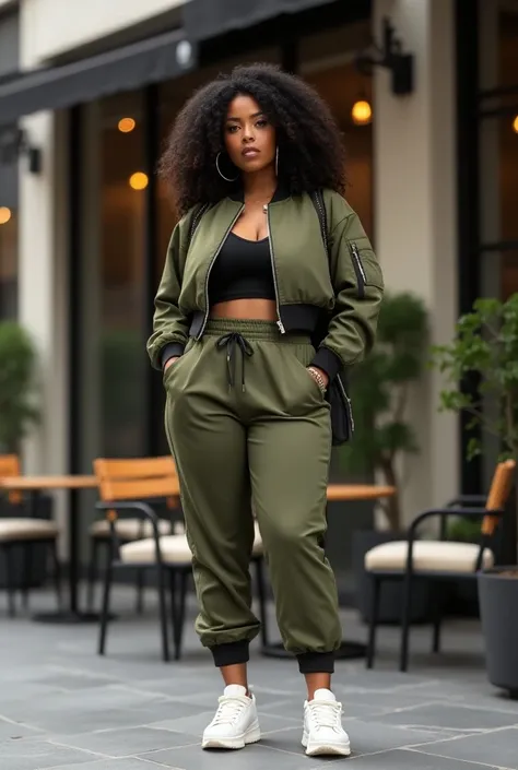 A curvaceous Black woman in a fitted, cropped bomber jacket in olive green with a black trim, paired with matching form-fitting joggers and chunky white sneakers. She’s accessorized with hoop earrings and a small backpack. Her hair is styled in large, loos...