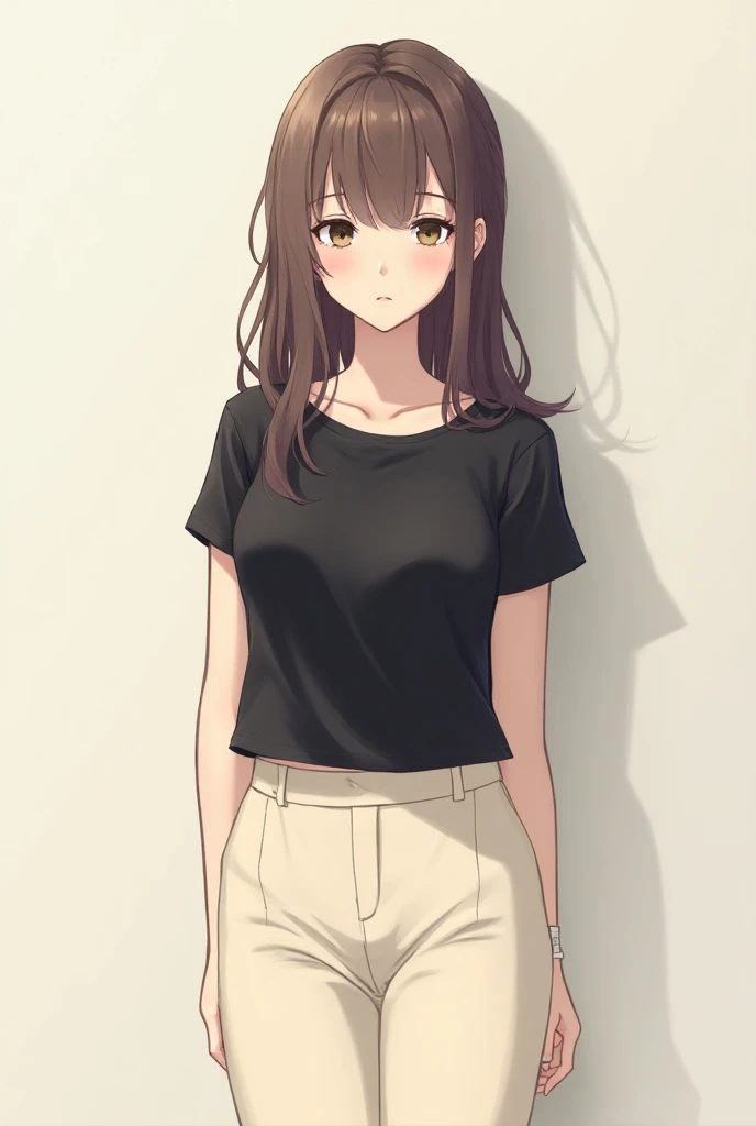 A girl in black top and ligjt cream  lower in anime version shes 25 years around opened hairs