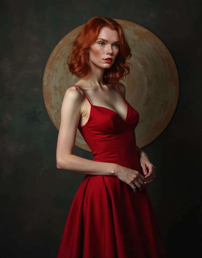 a 22-year-old red-haired teenager with blue eyes and freckles, an Instagram model with short, wavy hair. She is wearing an elegant red dress, in a calm and mysterious pose. She has loose, wavy hair and a distant gaze. The background is dark and textured, w...