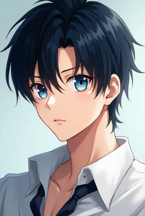 A handsome 25 old years  anime boy with sky-blue eyes, black hair, and white-tan skin. 