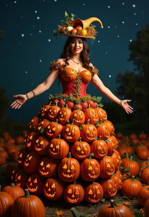 A voluptuous model in a whimsical twist on a Halloween theme, wearing a stunning dress crafted entirely from pumpkins. The model, a picture of confidence and poise, stands in the center of a moonlit pumpkin patch, her figure accentuated by the meticulously...