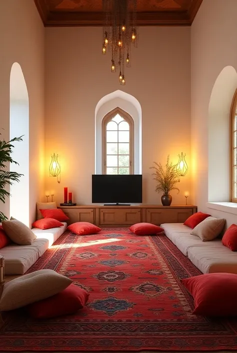 Small TV room with Arab or Oriental style, I want it with white walls ,  an Arab carpet and several cushions on the floor,  also that has lamps and lights .