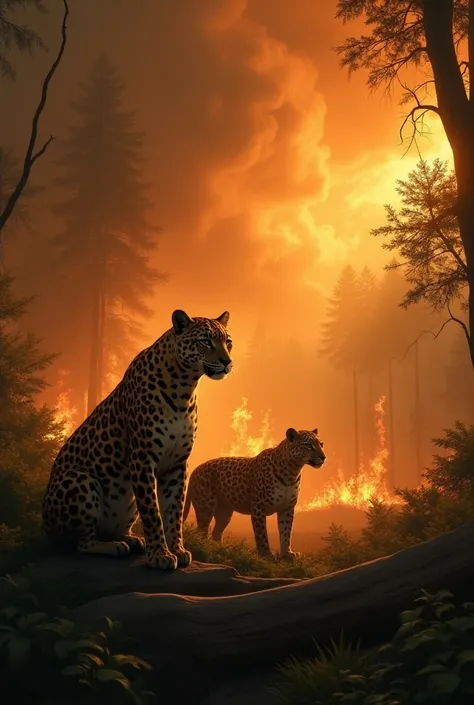  Make an image of a jaguars looking at a forest that is being burned while other animals flee the fire, and the sky is cloudy with so much smoke  