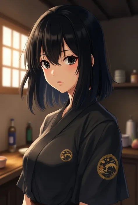 Make a black-haired, black-eyed anime character. She is already of legal age , At 30 years old.  A symbol invented for the Watanabe clan may be a circle with three stylized waves inside, representing harmony,  adaptation and the fluidity of life . in the c...