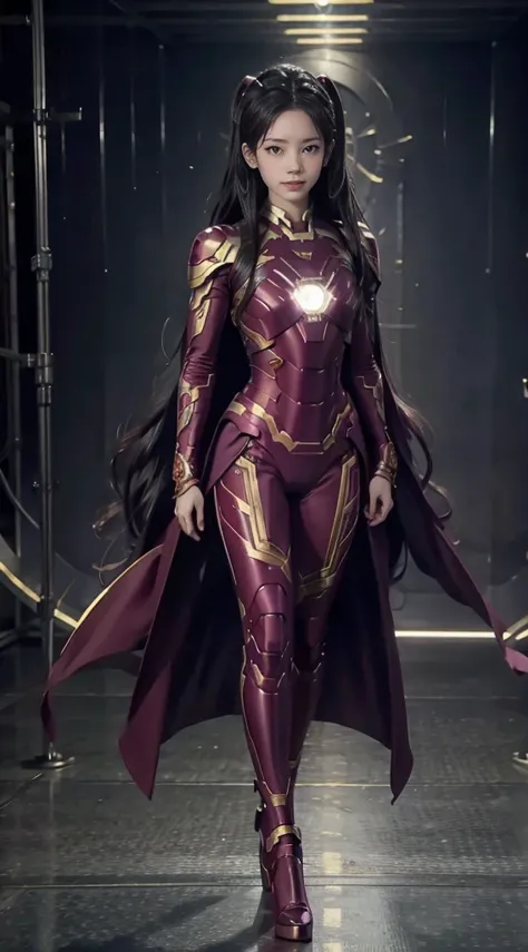 Full Body Photo. Standing in a full height. Studio Background. 8k HD good quality image. Dahyun from TWICE has an ideal body, sexy wavy body, straight long hair, wearing a Purple Full Iron Man suit from top to toes without the helmet. FULL BODY FROM HEAD T...