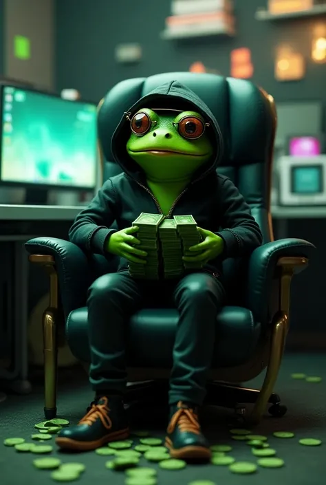 Photoshot green frog man wearing black hoodie glasses and very cool pants Very cool guy sitting in a very fancy chair holding green coins and in a room full of computers full of anlisa trding and theres a ridwangrapher nameplate and a lot of money scattere...