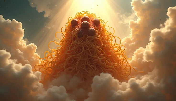 ultra realistic 8k professional photo, flying spaghetti Monster god, pastafarian 