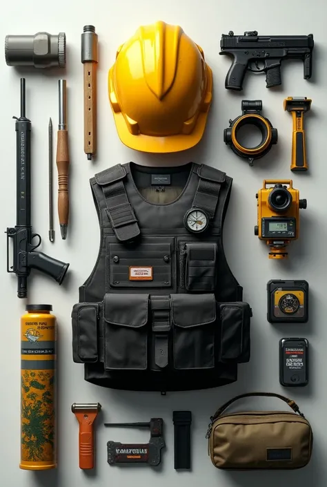 Make an image combining the work equipment of two professional civil engineers and military police officers 