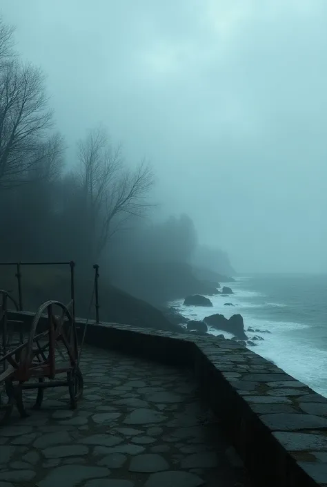  Create a playground with an old , a seesaw , Very old on a coastline bordering the sea with a stone parapet,  on a very dark cloudy day surrounded by a forest of dead trees and with very intense fog