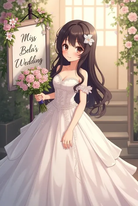 a  old girl, long and undulating dark brown hair,dark brown eyes, with a beautiful wedding dress ,With cleavage, a white flower in her hair , with a bouquet of flowers in her hand ,And a sign next to it that says Miss-Belas wedding,anime