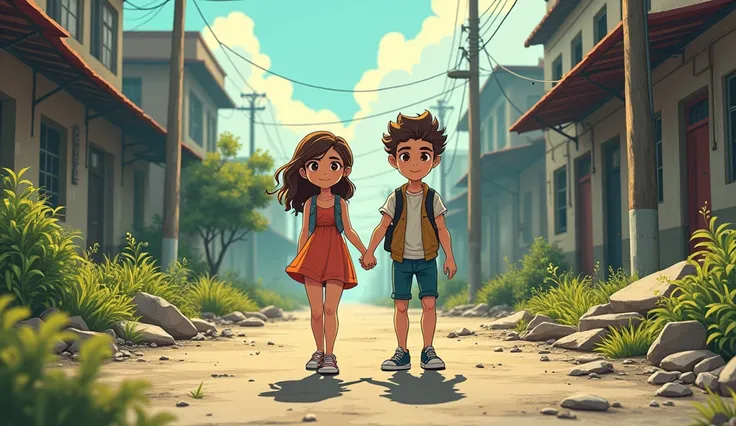 Ive created a cartoon image for you, depicting a young woman and a young man holding hands as they walk through a deserted street. The scene is overgrown with weeds and rubble, yet their determined expressions convey a powerful sense of resilience amidst t...