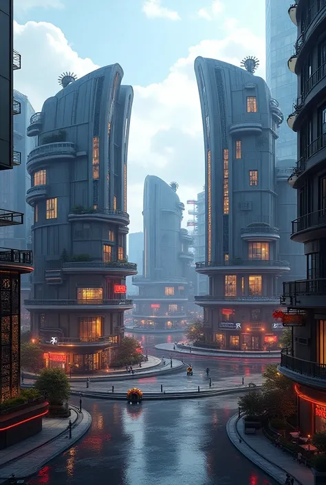 Three Japanese buildings in a circular street with cyberpunk style