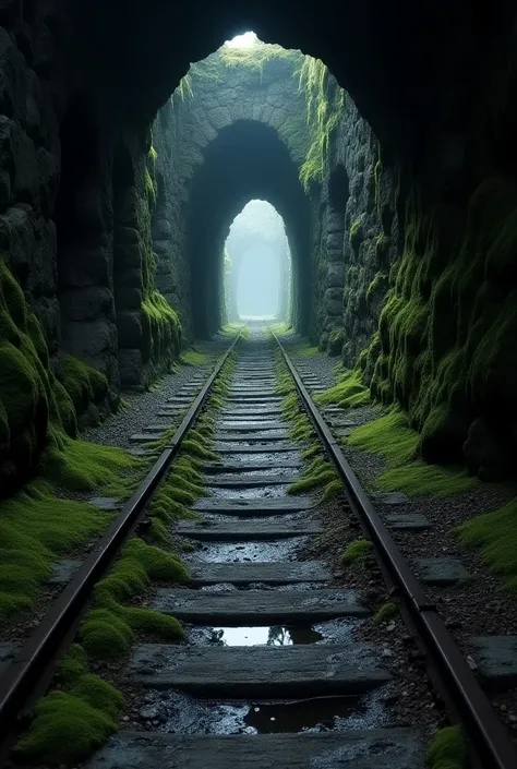  An abandoned mountain tunnel ,  with rough stone walls covered with thick moss that grows in every gray corner and corner .  The tunnel floor is damp and uneven ,  with dark pools of standing water that reflect In the faint light that filters from the dis...