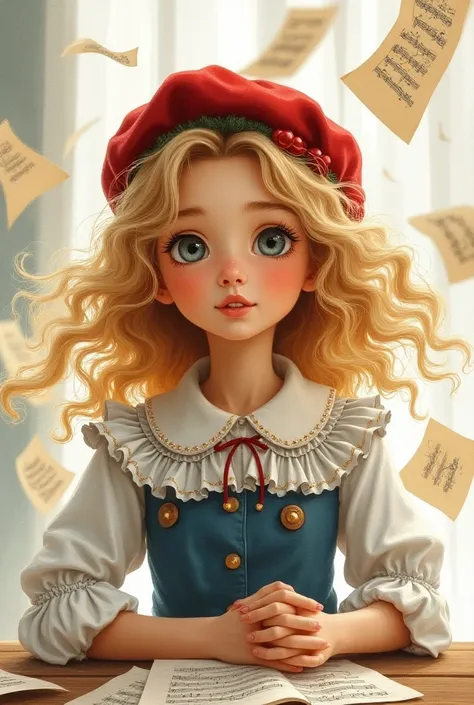 watercolor, acrylic Russian girl  in a festive cap, sitting at a table, ruffled collar, blond curly hair, dramatic random pose, sheet music flying around, style of Anka Zhuravleva