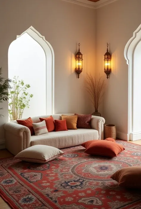 Small TV room with Arab or Oriental style, I want it with white walls ,  an Arab carpet and several cushions on the floor,  also that has lamps and lights . A smaller room. I want you to have Moroccan lights and with a sofa on the floor or just cushions