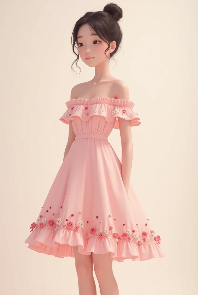 Little Off shoulder baby pink colour dress with small small flowers of dark pink colour in horizontal line from top brim till in knee length in ruffle design 