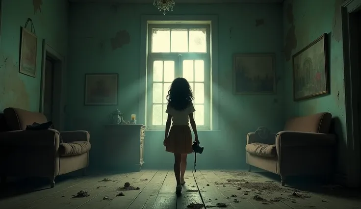 Animated image :"An old, dimly lit mansion interior with peeling wallpaper, dusty furniture, and cobwebs in the corners. The air is thick with silence and dust particles float in the weak light filtering through cracked windows. Anjali (girl) walks through...