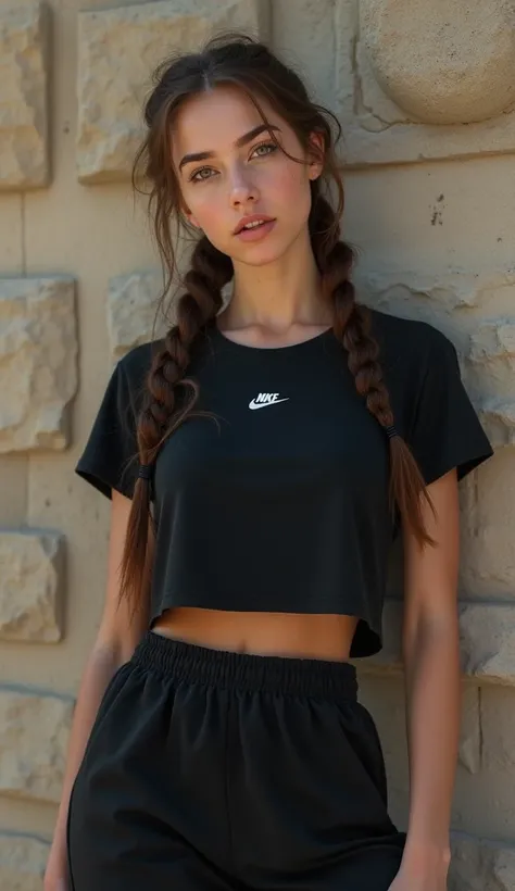 Adolescente blanche européene belle et elle a une couronne de tresses brunes et une très longue tresse brune t-shirt noir Nike petit logo blanc avec écrit Nike, qui porte un pantalon avec logo Nike blanc sur le pantalon noir Nike fleece assorti de sport fl...