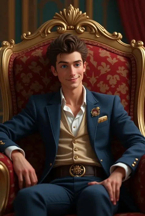 A prince, with a beautiful smile, his blue eyes and brown hair ,  is sitting on an armchair in his huge royal bedroom. 