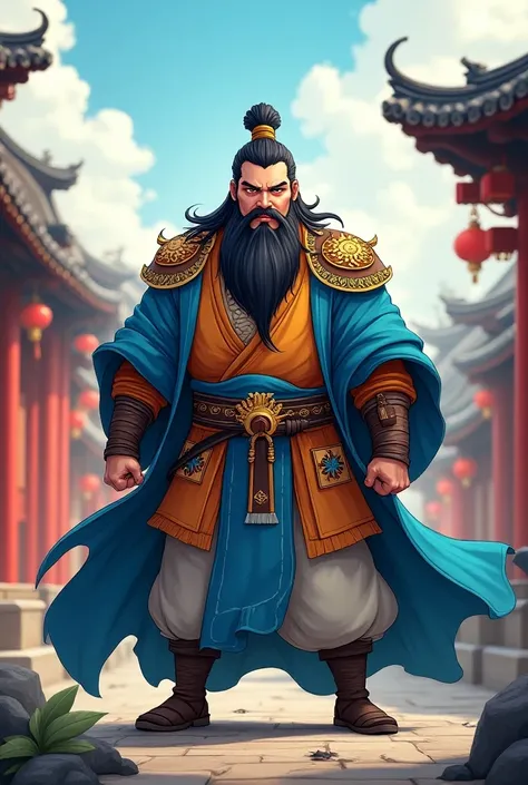 Three Kingdoms,cartoon Quan Vũ,Blue Cloak,Long Beard ,beautiful eyes,whole body,cartoon,only,China,Phong cách China