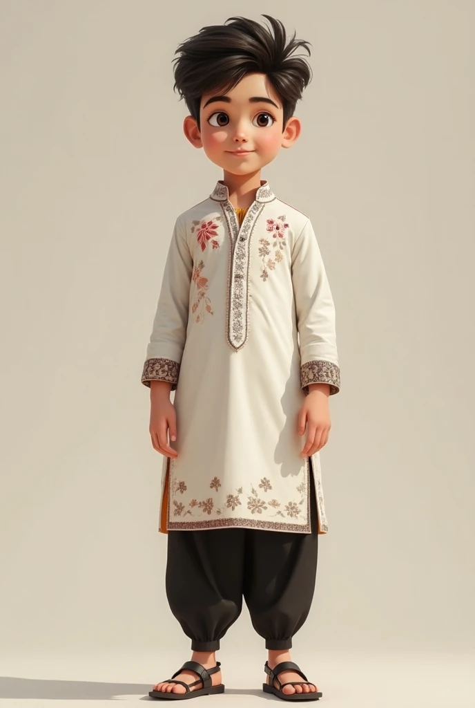 "Design a simple and elegant Punjabi outfit for boys. The outfit should feature a traditional kurta style with a modern twist, utilizing a color scheme of white, black, and red-brown. Emphasize a comfortable fit and include subtle detailing such as minimal...