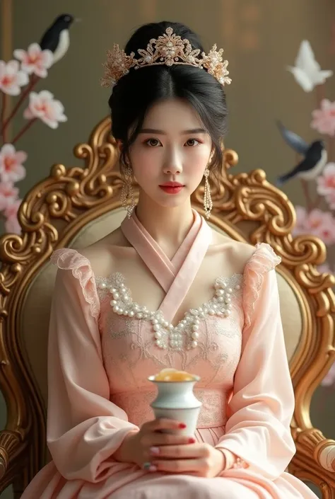 displays a very detailed original photo, studio photo, of a beautiful Korean woman, hair in a bun with neat bangs, decorated with pearls wearing a crown, dressed like a royal consort, tall red and black hair, sitting on a gold royal chair with a kings temp...