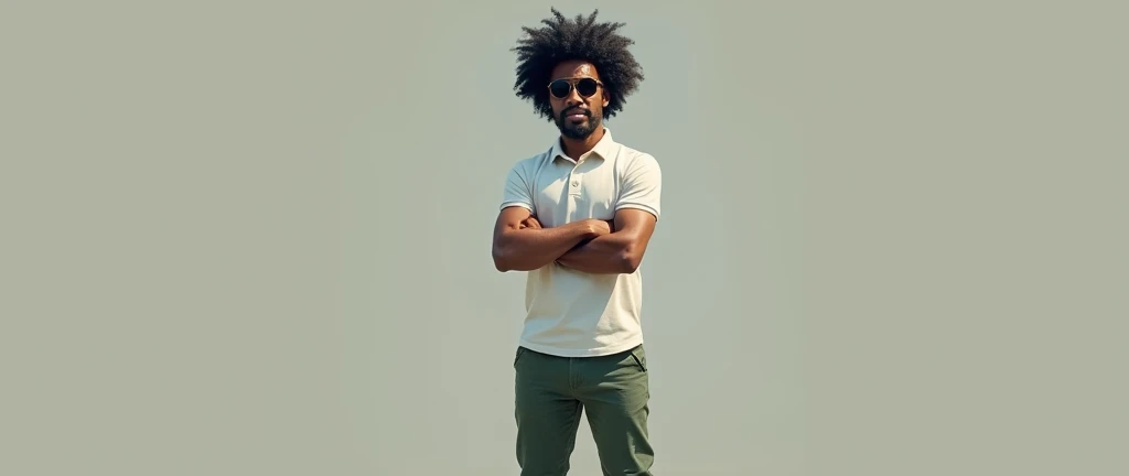 Short black man with frizzy hair 
 At the age of 45 
with dark lenses with green pocket pants with a skinny white polo shirt with a height of 1.79 wearing blue sneakers with crossed hands 