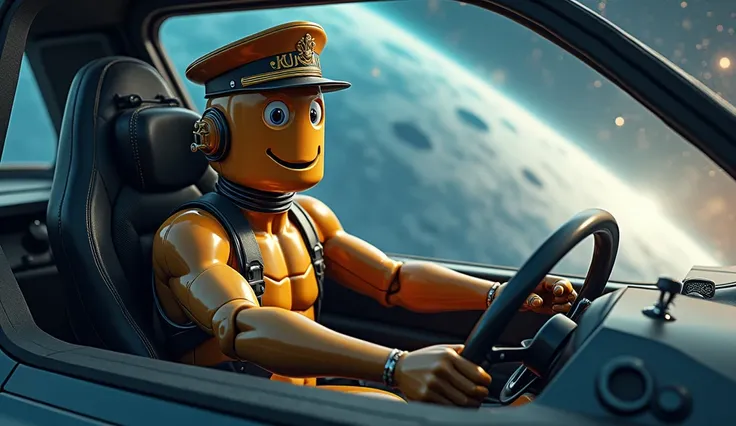 ultra realistic 8k professional photo of Skippy the magnificent AI ,  shape of a beer can, Admiral hat and happy face, with a young  army soldier,virile, masculine, driving a spaceship with space  in the windshield window bay 