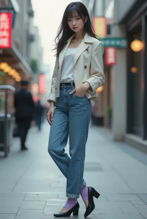 A BEAUTIFUL HOT JAPANESE GIRL WEARING JACKET WITH LONG loose JEANS WITH BLACK HEELS WITH LIGHT purple COLOUR SOCKS the socks ending is not be visible 