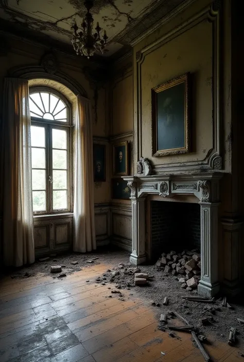  A 19th century mansion in total abandonment ,  located in the middle of a overgrown with overgrown trees .  The exterior of the mansion ,  of Victorian architecture ,  shows stone walls blackened by time ,  with vines creeping through the facades and wind...