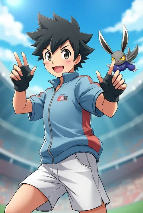  sugimori ken  (style), Libido boy,dark eyes,  black hair, White shorts, tracksuit，creatures (co),  Dana Max Band ,  Game fanatic, gloria (pokemon), mittens,  High Resolution , legs, see the viewer, Nintendo, official art, pokemon, pokemon (Gaming console)...