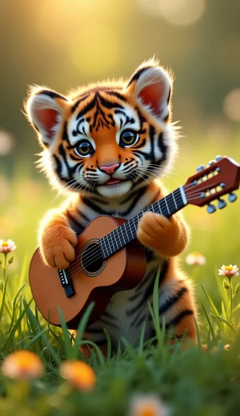 "A highly detailed, ultra-realistic image of a tiny tiger cub playing a guitar. The cub is sitting upright on its hind legs, delicately holding a miniature acoustic guitar in its small paws. The tiger cub’s fur is intricately detailed, with vivid orange an...