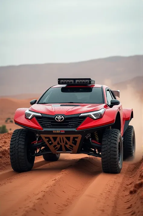 Toyota CHR phase 2 de 2022 couleur rouge modifié pour le Rally Paris Dakar mais il faut quon reconnaisse le CHR de 2020 avec ses portes arrières caractéristiques et ses deux avant et antibrouillards
