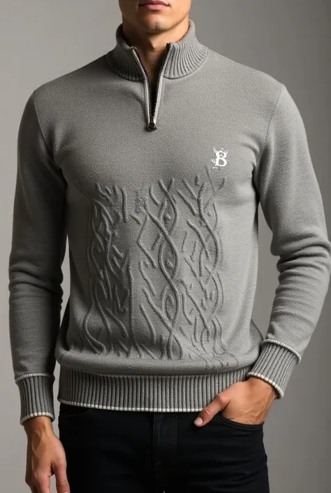 Design Concept: A sophisticated, high-quality knit sweater with clean lines and a tailored fit that exudes elegance.

Front: The sweater could feature a textured pattern, such as a cable-knit or a subtle diamond stitch, across the torso for a luxurious fee...