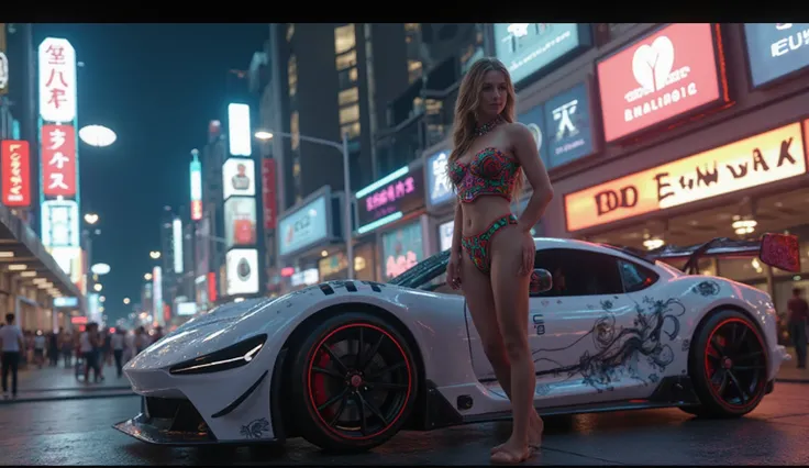 A cyberpunk bride is standing in a cyberpunk city wearing a futuristic outfit adorned in neon and in rich and intricate detailed filigree jewellery, posing, leaning on a sci-fi cyberpunk sports car with the lettering" DD Powered", at night. ultra detailed ...