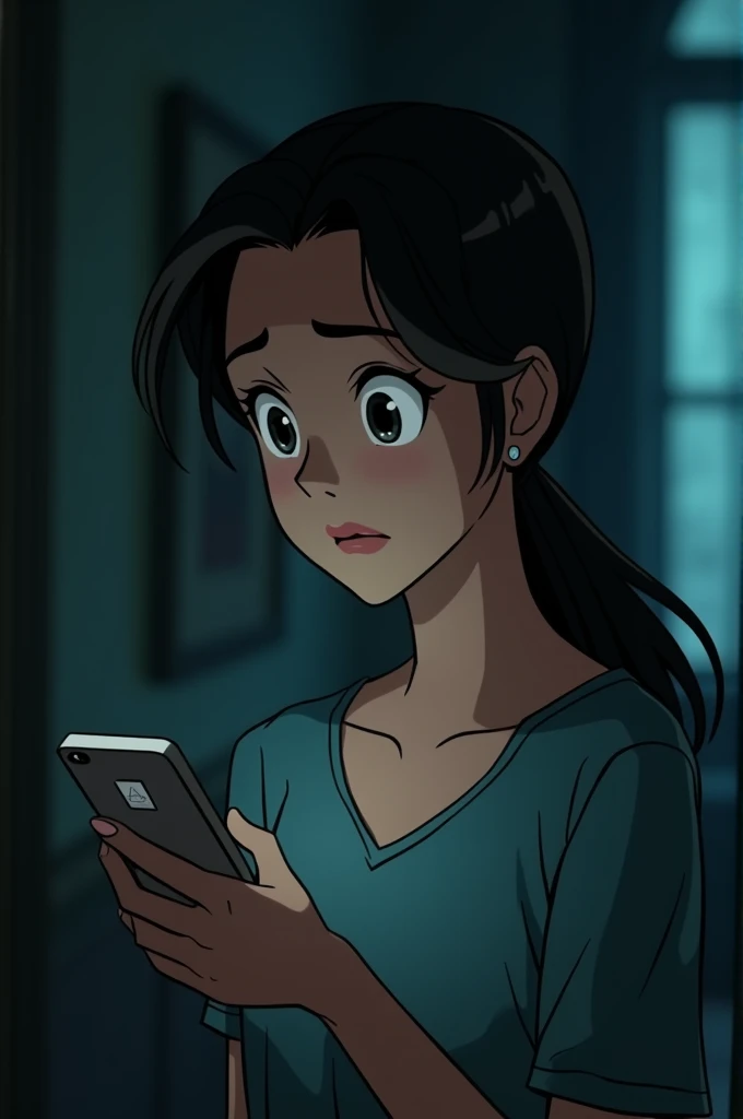  Animated image"A close-up shot of Anjali holding her phone, her expression showing slight concern. The phone screen displays Unknown Number while the room around her is shrouded in dim light. The eerie silence around her contrasts with the unexpected phon...