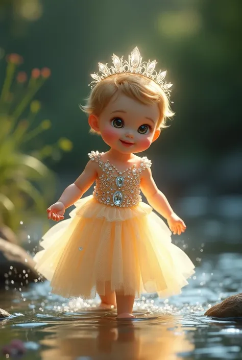 A cute baby wearing a long bright crystal stone dress and a crystal stone crown walking in the stream ,the dress made by fully of crystal stone realistic realistic 9:16