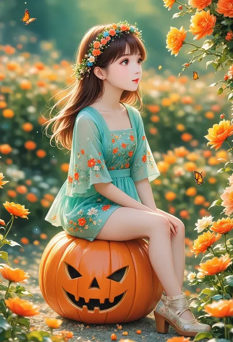 halloween makeup,a girl sitting on a pumpkin lantern with her legs crossed and wearing a witch's hat,a grim expression,a full-bo...