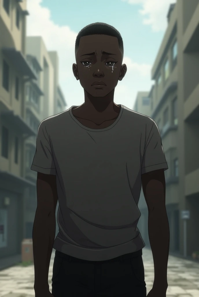 A black man, he is black skin, he has black hair, buzzcut hairstyle, he is standing, he wears a t-shirt and a black pants, he is sad and crying, tears rollin down his cheeks, anime style, realistic wide shot, daylight scene 