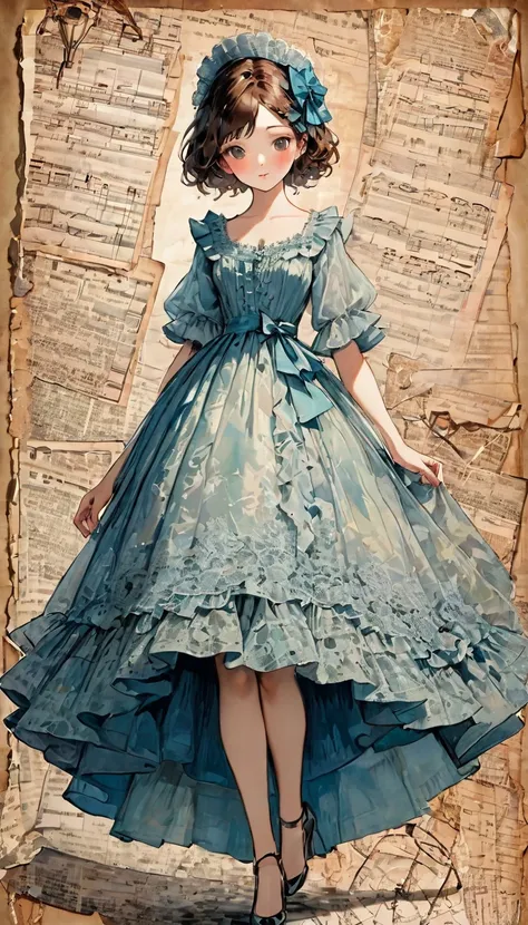  ultra-detailed alcohol ink painting of a beautiful woman ,   vintage script paper patchwork、 stress-free mixed media masterpiece  , Ephemera,  torn cardboard , Vintage Newspaper, Vintage Sheet Music, Sealed,  dress made with paper ruffles and life size de...