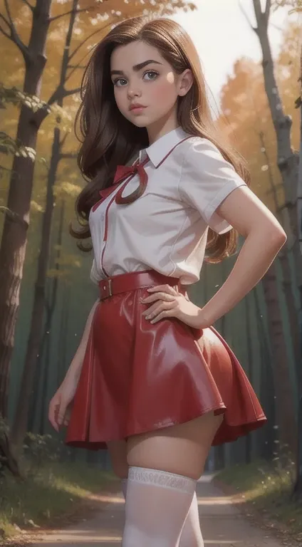   Cute young beautiful curvy schoolgirl Soviet pioneer,  beautiful cute teen face , red leather skater dress  ,  transparent white blouse , brunette long hair, beautiful eyes. stockings,  Sneakers, Soviet pioneer schoolgirl - standing in the woods ,   phot...