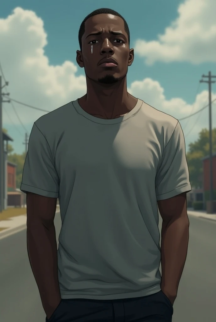 A black man, he is black skin, he has black hair, buzzcut hairstyle, he is standing, he wears a t-shirt and a black pants, he is sad and crying, tears rollin down his cheeks, anime style, realistic wide shot, daylight scene 